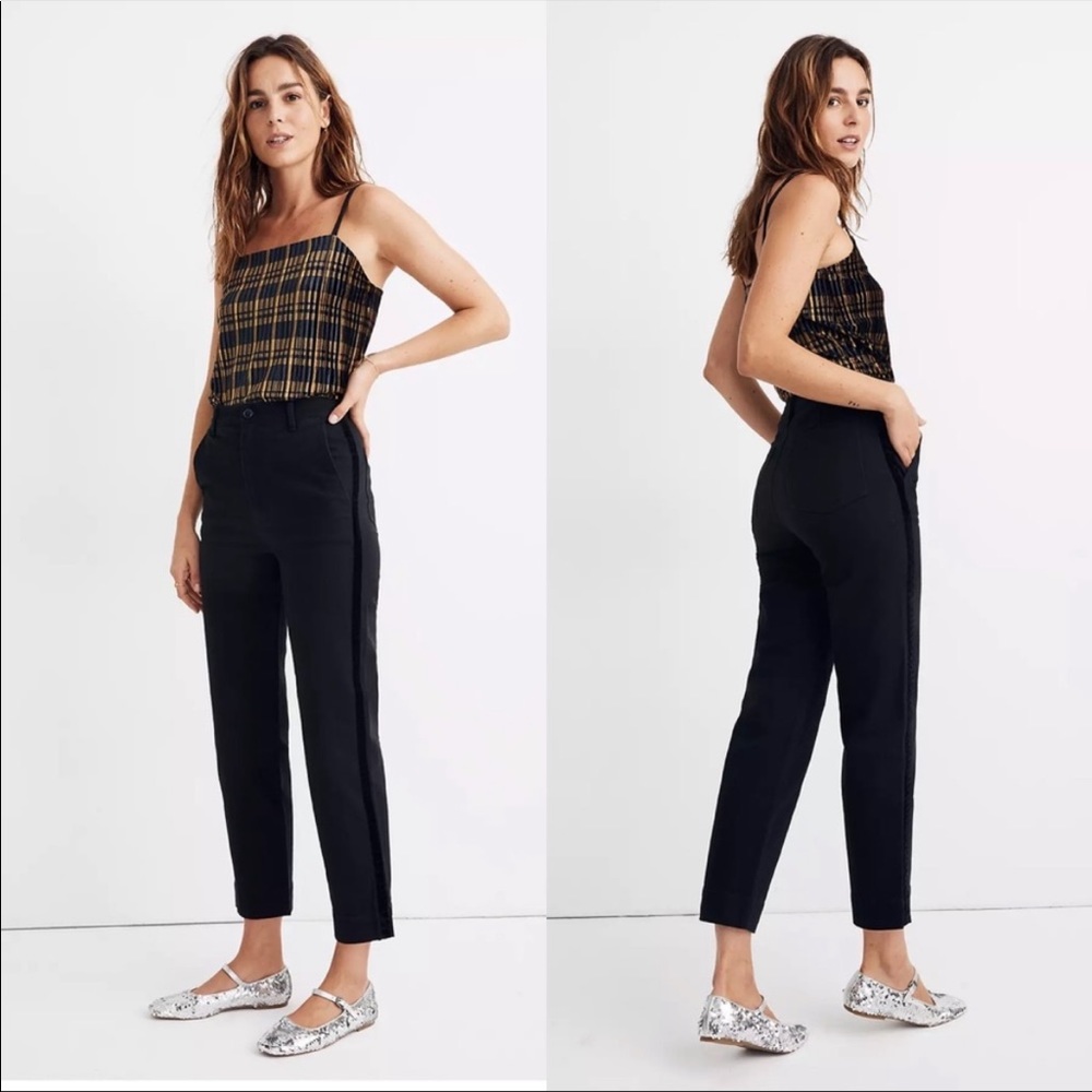 Madewell Tapered Pants: Velvet Tuxedo Stripe High Rise Cropped Black Jeans